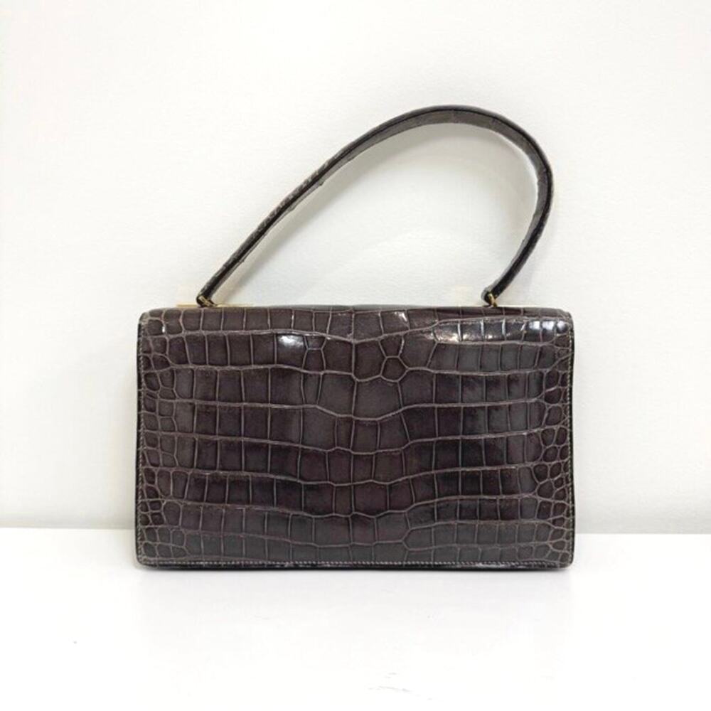 HERMES Vintage Gray Crocodile Shoulder Bag Gold Hardware Exotic Leather Handbag - Picture 2 of 10
